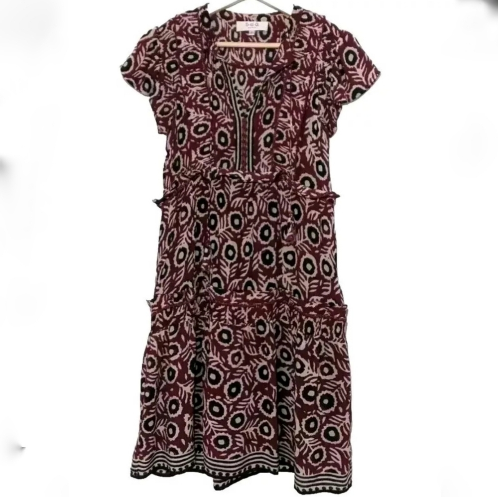 Sea New York Printed Ruffle Dress Burgundy Black Size 0 Feminine Boho